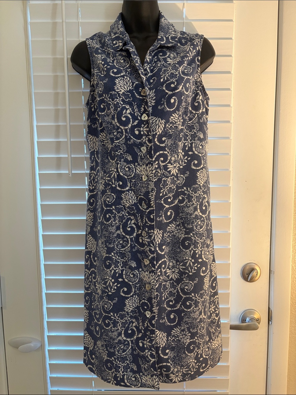 Coldwater Creek Linen Blend Navy and White Floral Cottagecore Beach Dress SZ 14P